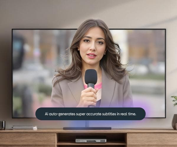 A woman on a TV screen holding a microphone with subtitles displayed