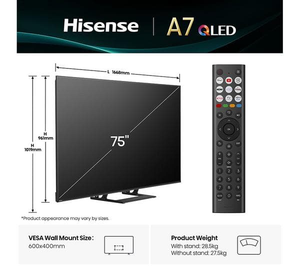 HISENSE A7Q 75\" QLED 4K Smart AI TV with Freely - 75A7QTUK - Image 1