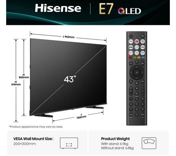 HISENSE E7Q 43\" QLED 4K Smart AI TV with Freely - 43E7QTUK - Image 1