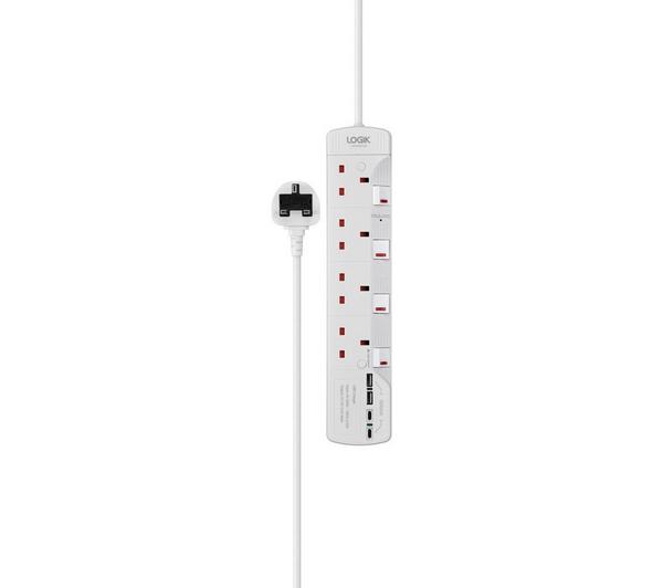 LOGIK Surge Protected 4-Socket Extension Lead with USB - 2 m